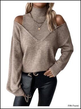Turtleneck Cold Shoulder Cut Out Pullover Sweater Loose Fit